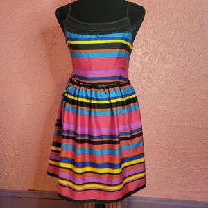 Band of Gypsies Women’s Striped Boho Mini Dress – Lace Neckline Strappy Flare